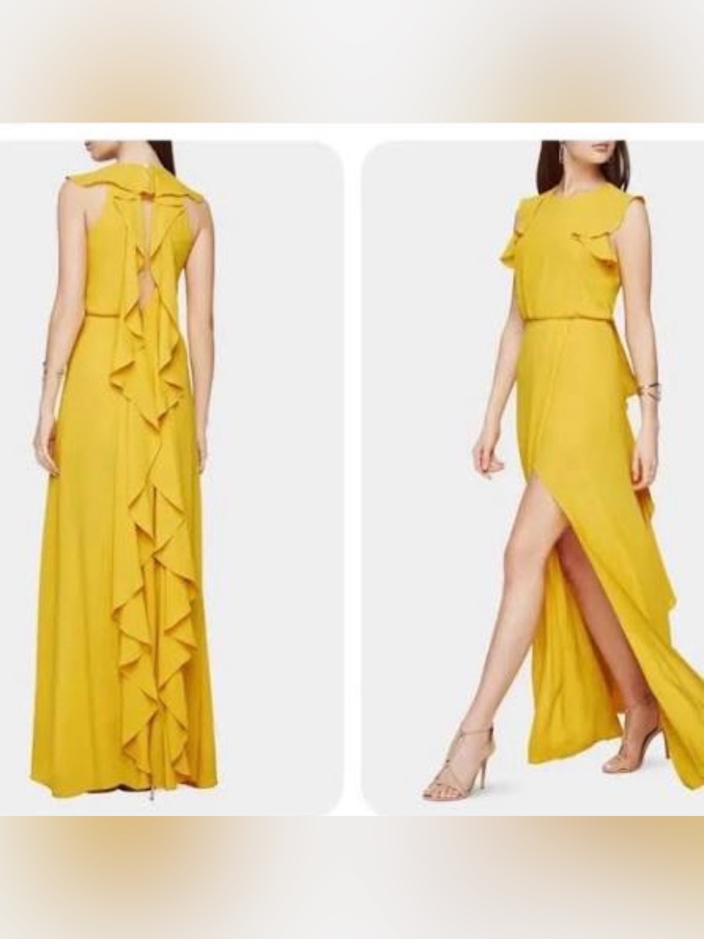 BCBGMAXAZRIA Yellow Ruffle-Sleeve Maxi Dress, Size 8